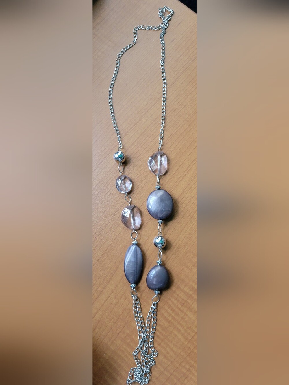Long Silver-Tone Lavender Gray Beaded Statement Tassel Necklace